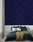 Geometric Wallpaper - Gold and Blue Cubic Lines