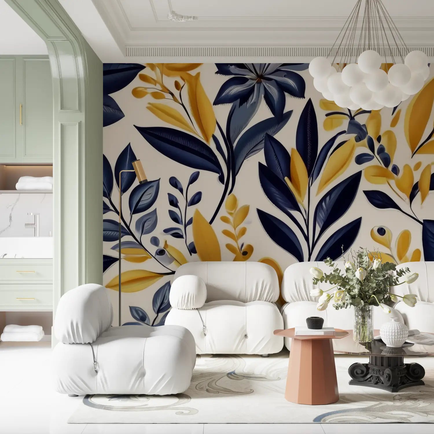 Floral Wallpaper - Blue and Gold Foliage