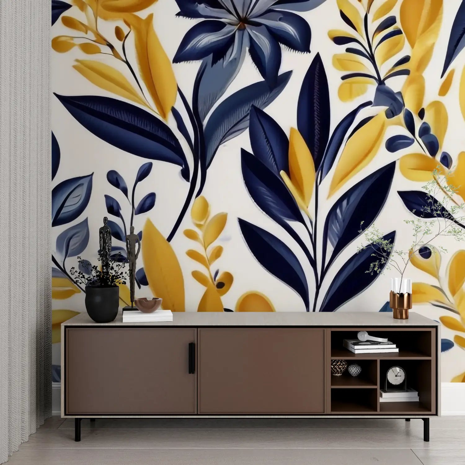 Floral Wallpaper - Blue and Gold Foliage