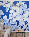Papier Peint Floral - Fleurs Blanches et Bleues