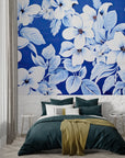 Papier Peint Floral - Fleurs Blanches et Bleues