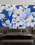 Papier Peint Floral - Fleurs Blanches et Bleues