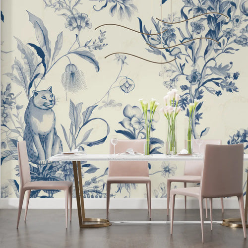 Papier Peint Animaux – Chat et Fleurs Indigo
