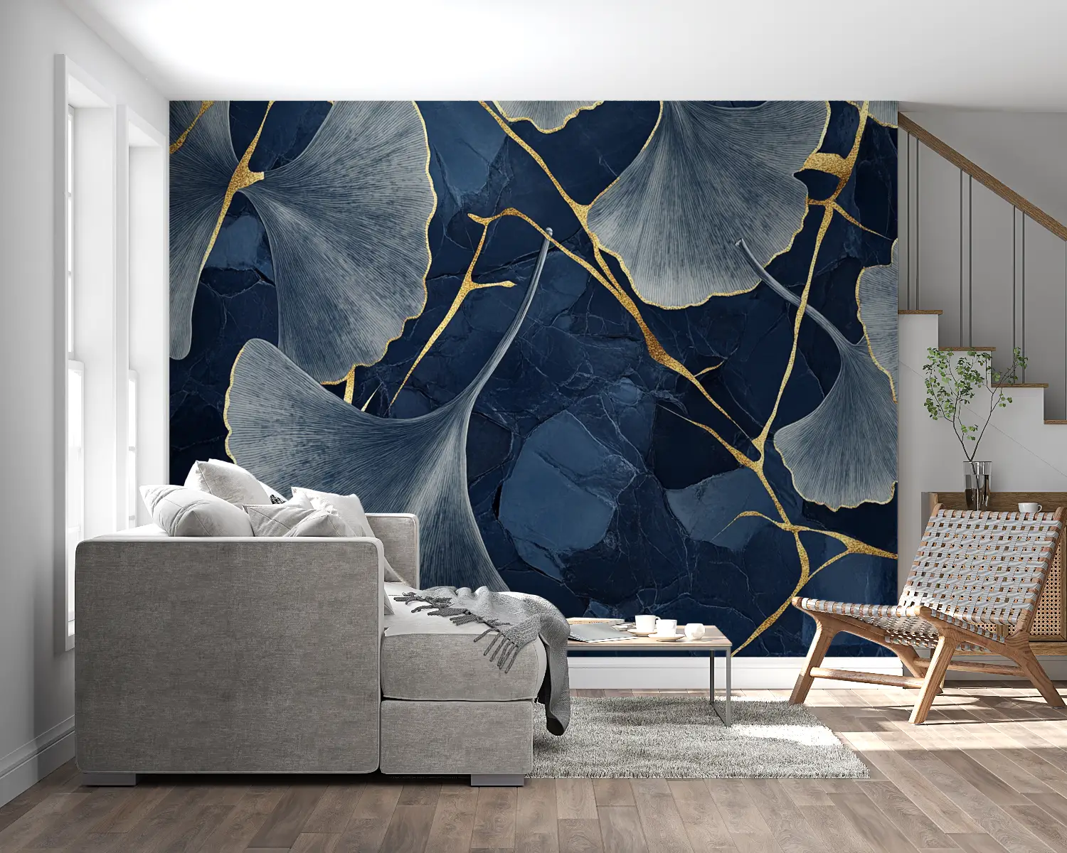 Foliage Wallpaper – Blue and Gold Ginkgos