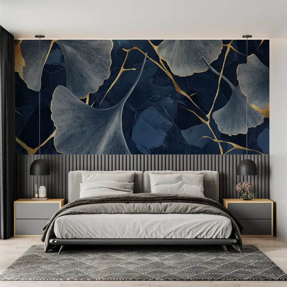 Foliage Wallpaper – Blue and Gold Ginkgos