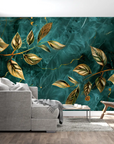 Papier Peint Feuillage - Branches Dorées et Marbrées