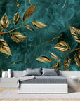 Papier Peint Feuillage - Branches Dorées et Marbrées