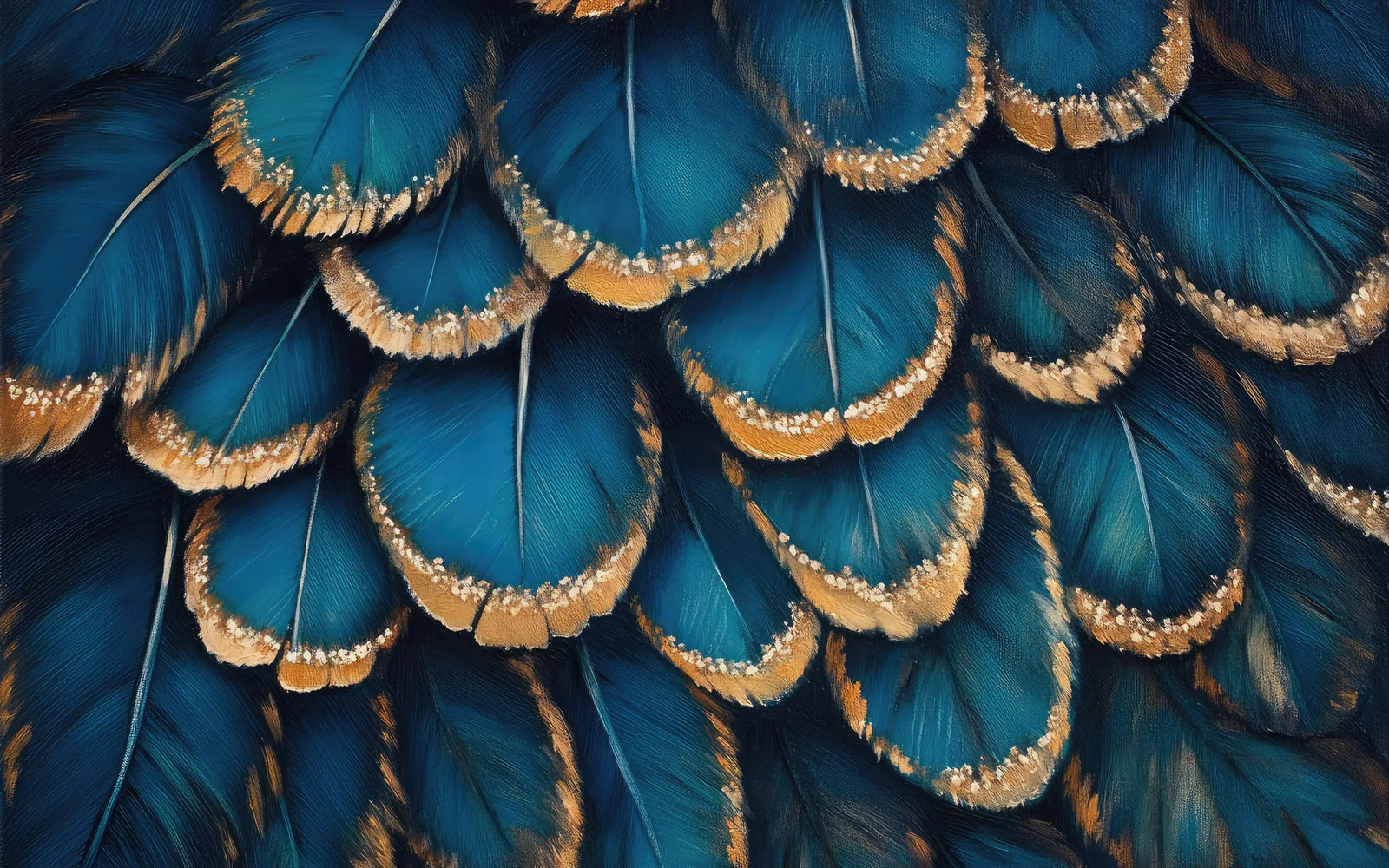 Papier Peint Animaux – Plumes Bleues et Dorées