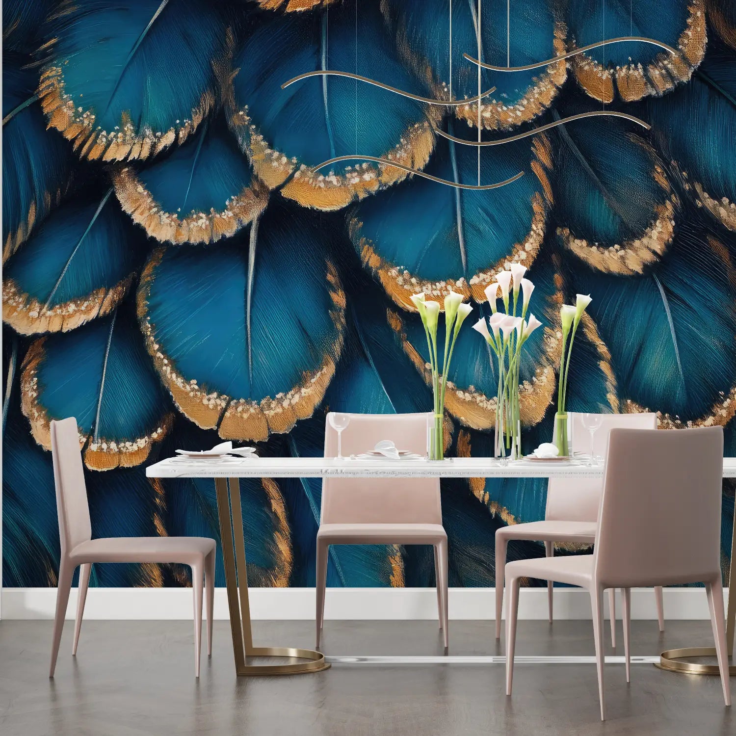 Papier Peint Animaux – Plumes Bleues et Dorées