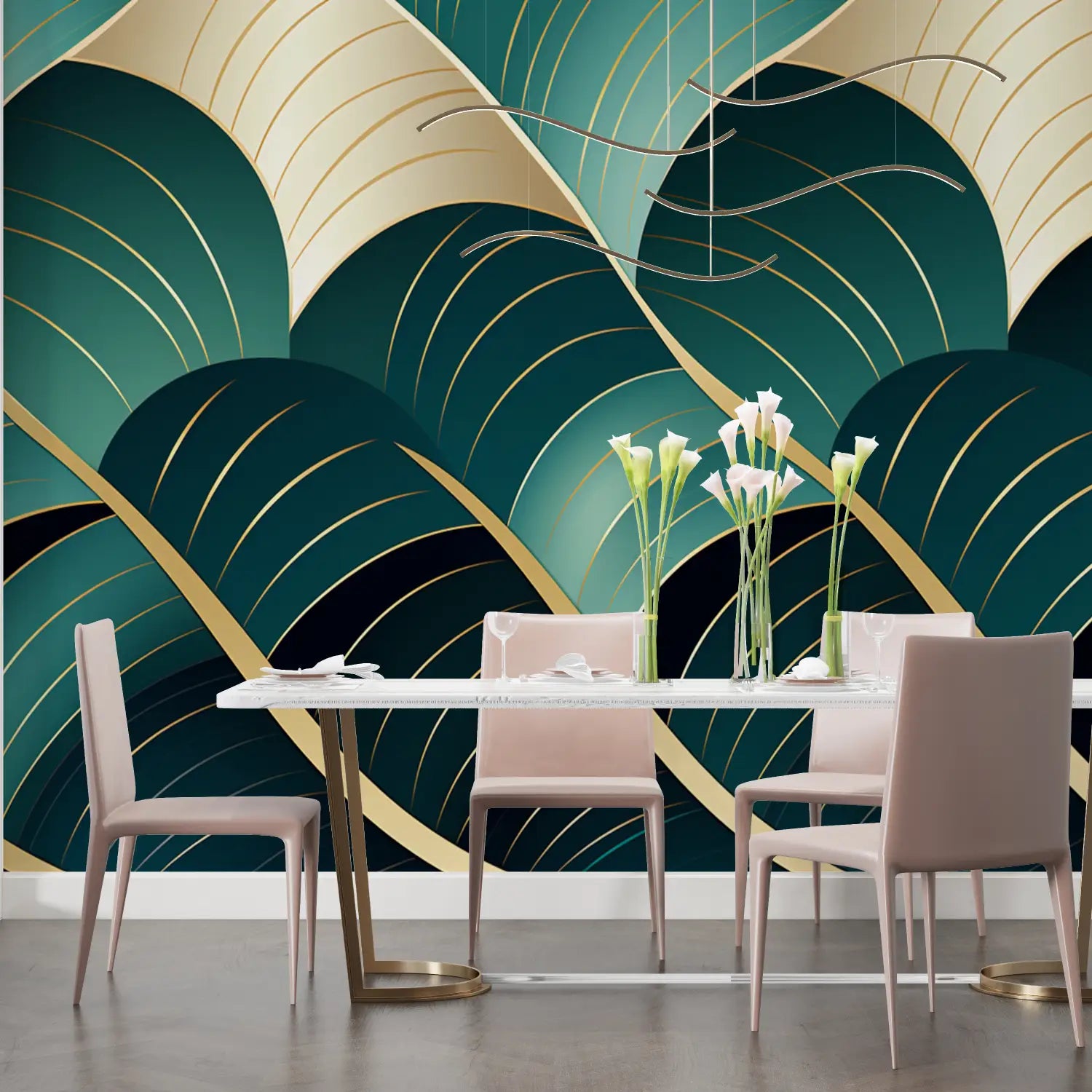 Papier Peint Art & Déco - Vagues Élégantes Dorées