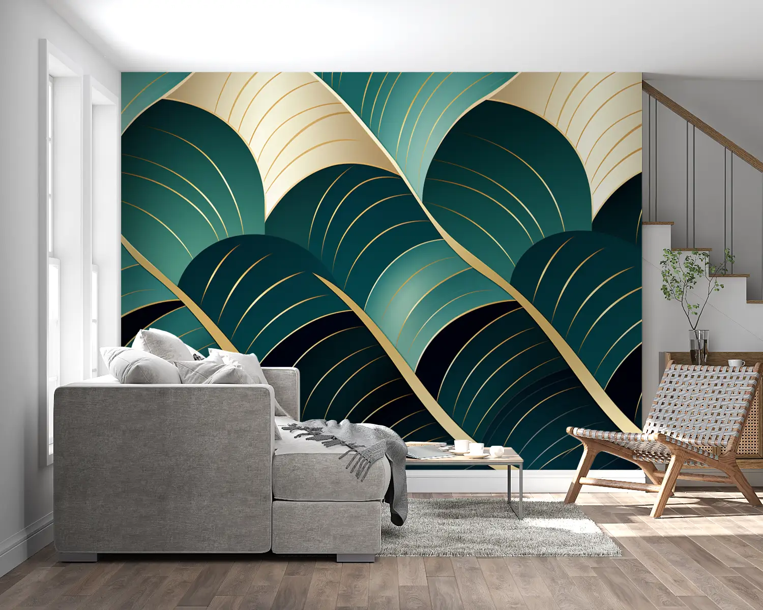 Papier Peint Art & Déco - Vagues Élégantes Dorées