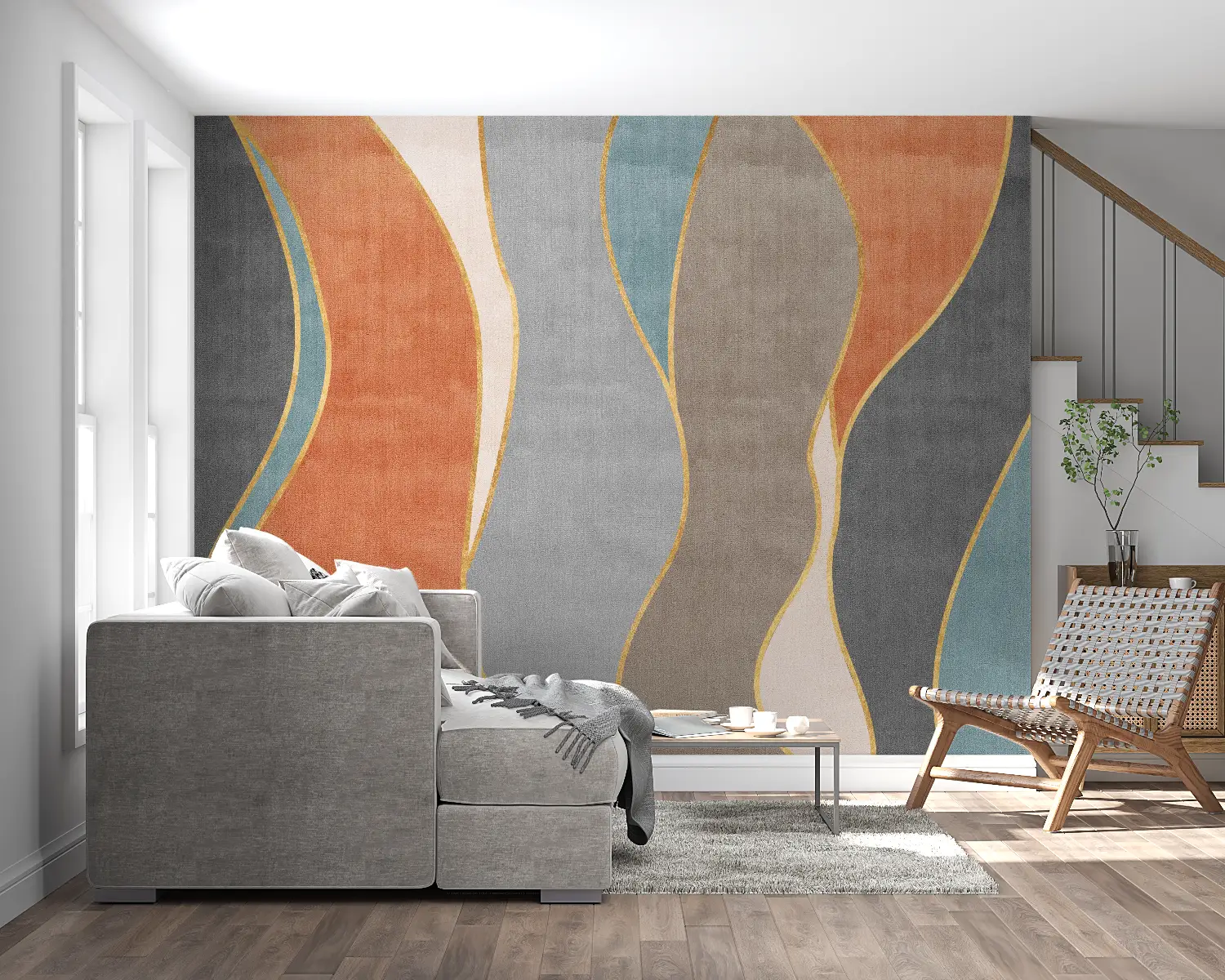 Papier Peint Art & Déco – Vagues Colorées et Dorées