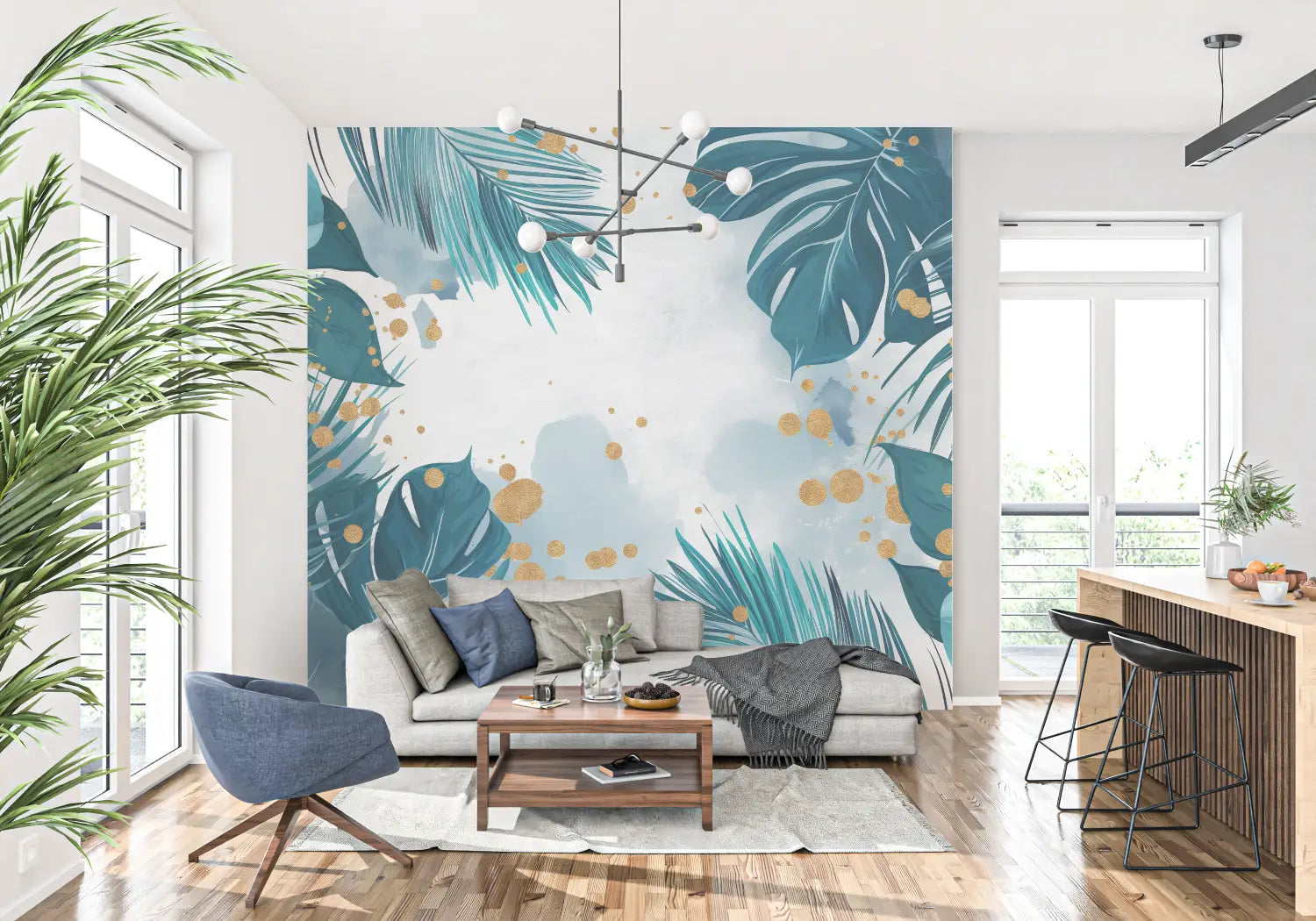 Papier Peint Tropical - Fleurs et Feuilles Dorées