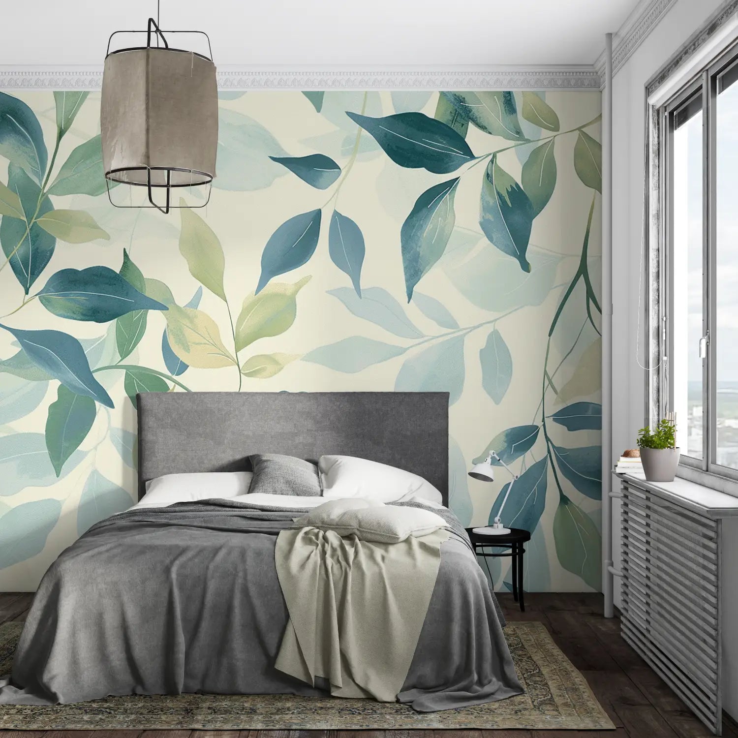 Papier Peint Feuillage - Feuilles Délicates Vert et Bleu