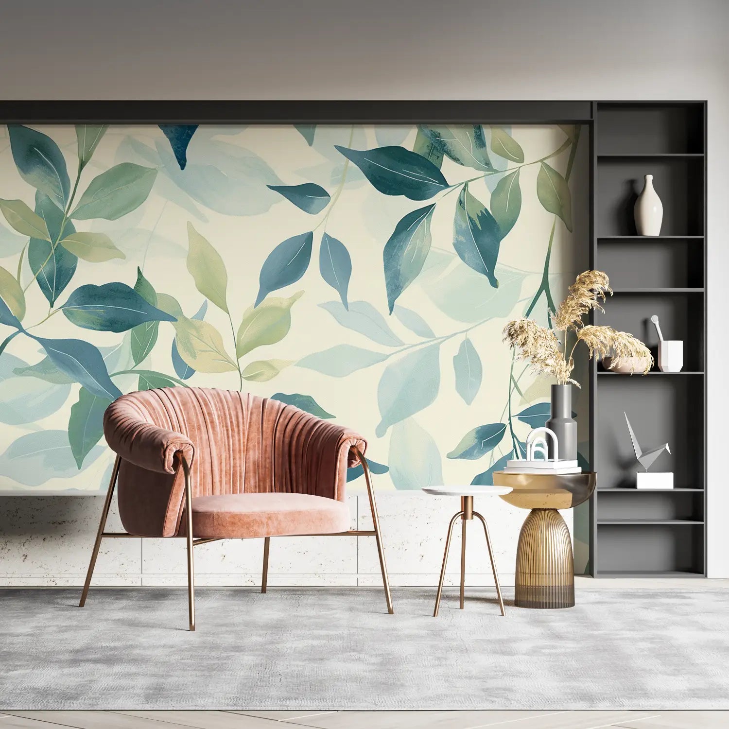 Papier Peint Feuillage - Feuilles Délicates Vert et Bleu