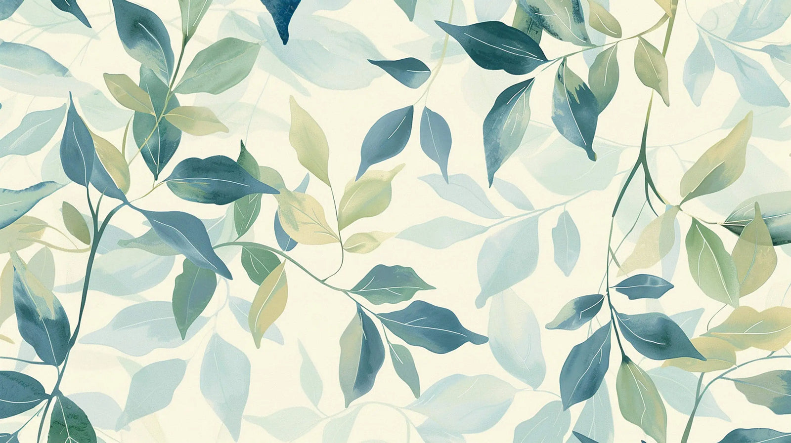 Papier Peint Feuillage - Feuilles Délicates Vert et Bleu