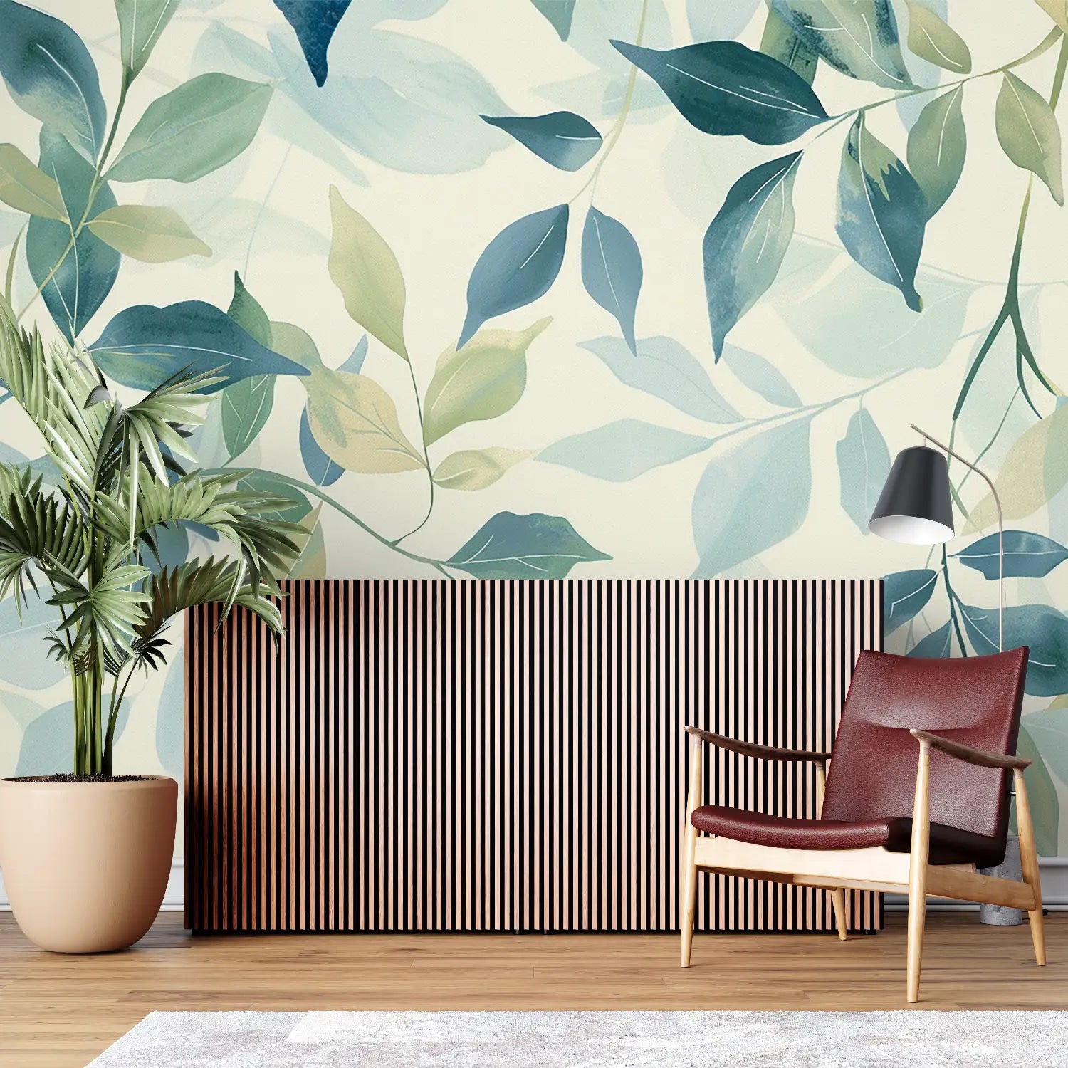 Papier Peint Feuillage - Feuilles Délicates Vert et Bleu