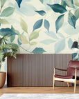 Papier Peint Feuillage - Feuilles Délicates Vert et Bleu