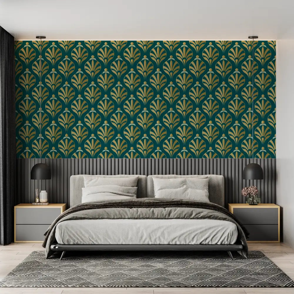 Art &amp; Deco Wallpaper – Golden Foliage Patterns on Emerald Green