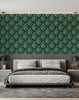Art Deco Wallpaper – Golden Foliage Patterns on Emerald Green