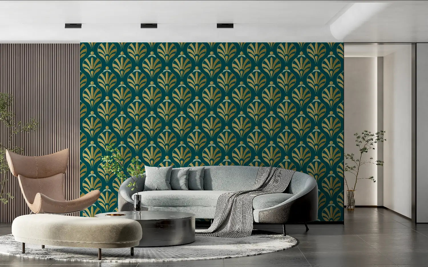 Art &amp; Deco Wallpaper – Golden Foliage Patterns on Emerald Green