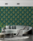 Art Deco Wallpaper – Golden Foliage Patterns on Emerald Green