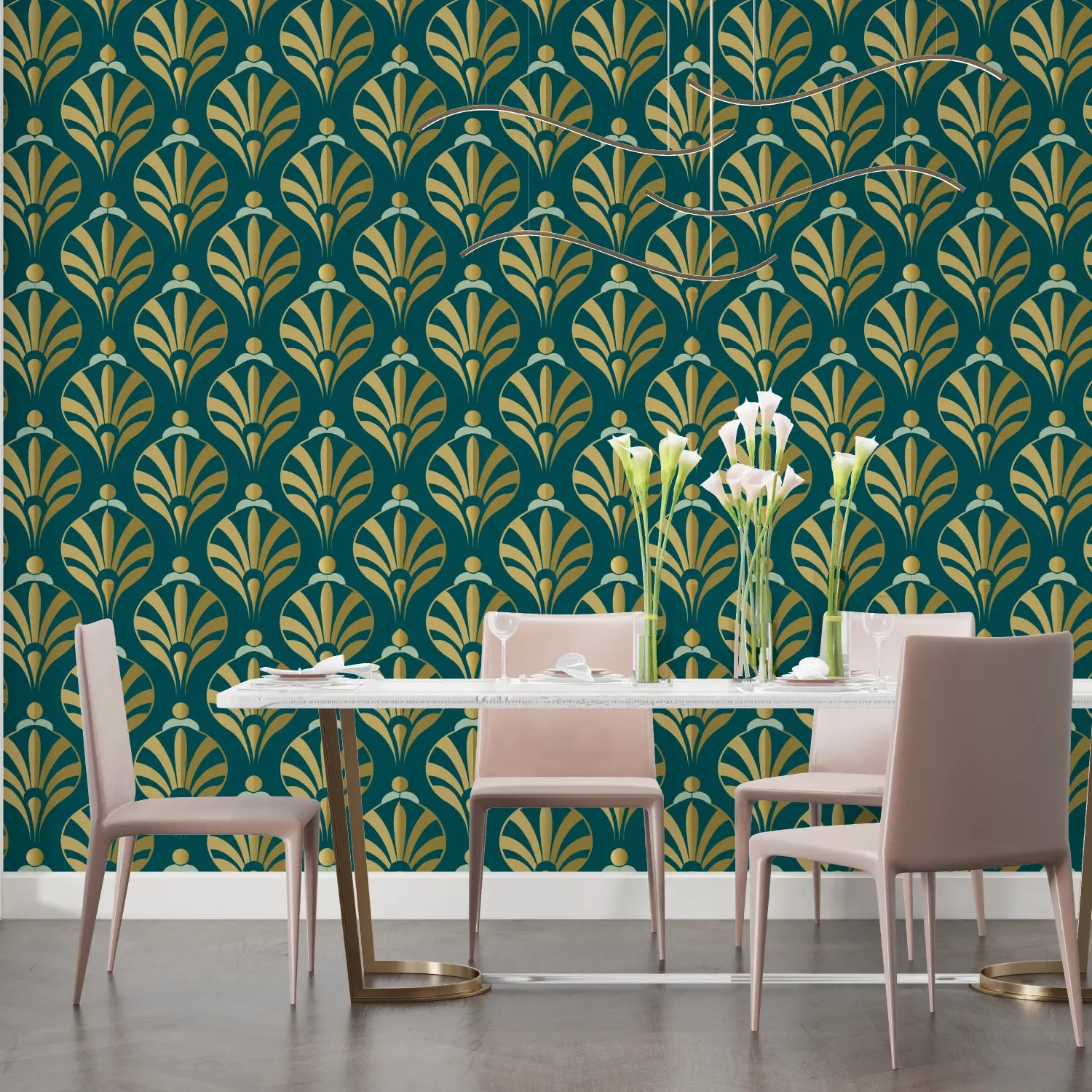Art &amp; Deco Wallpaper – Golden Foliage Patterns on Emerald Green