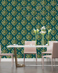 Art Deco Wallpaper – Golden Foliage Patterns on Emerald Green