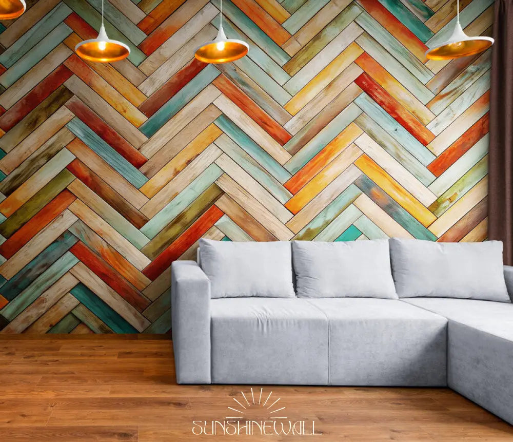 Papier Peint Bois - Chevron Coloré