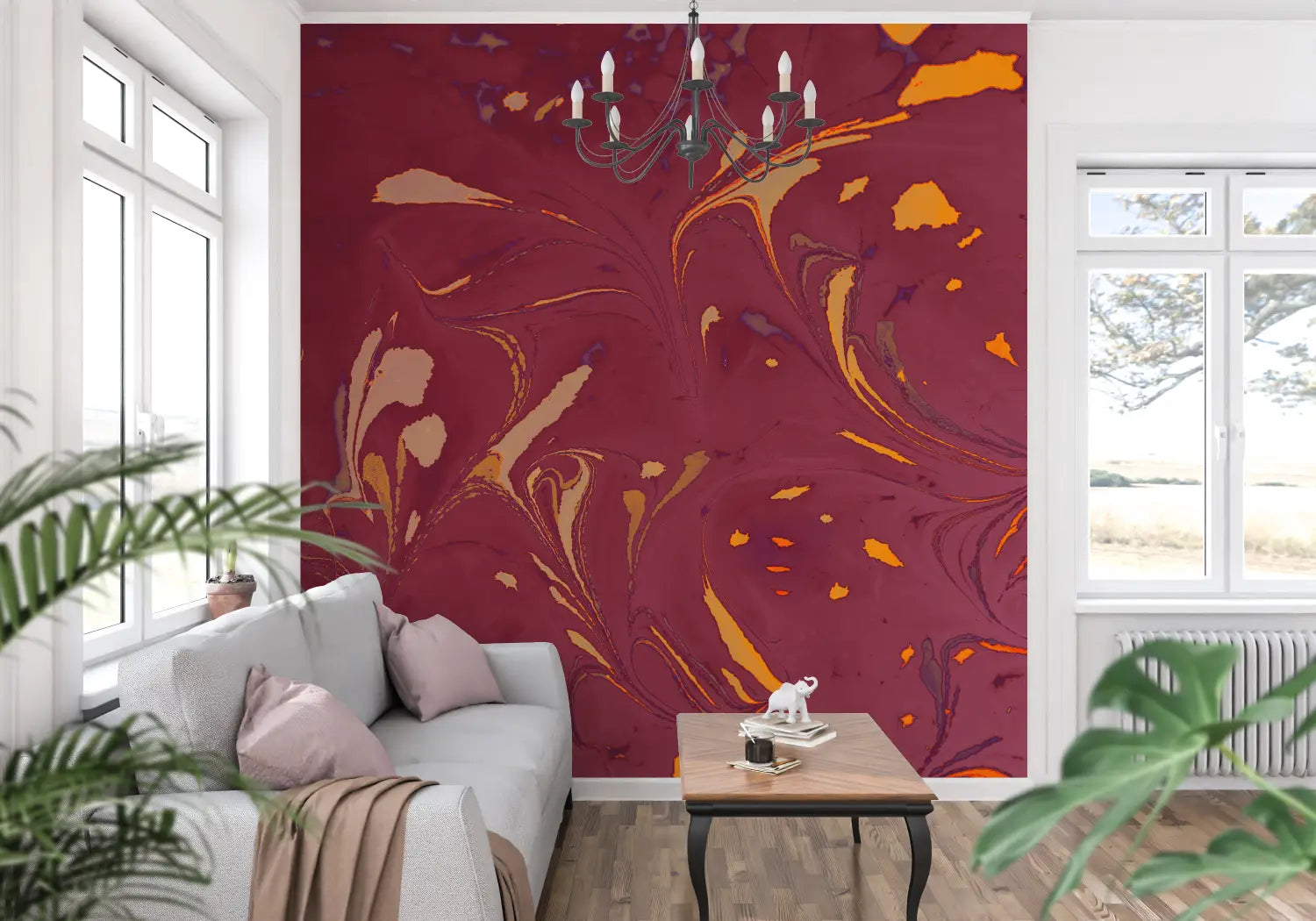 Art &amp; Deco Wallpaper - Burgundy and Gold Marbling
