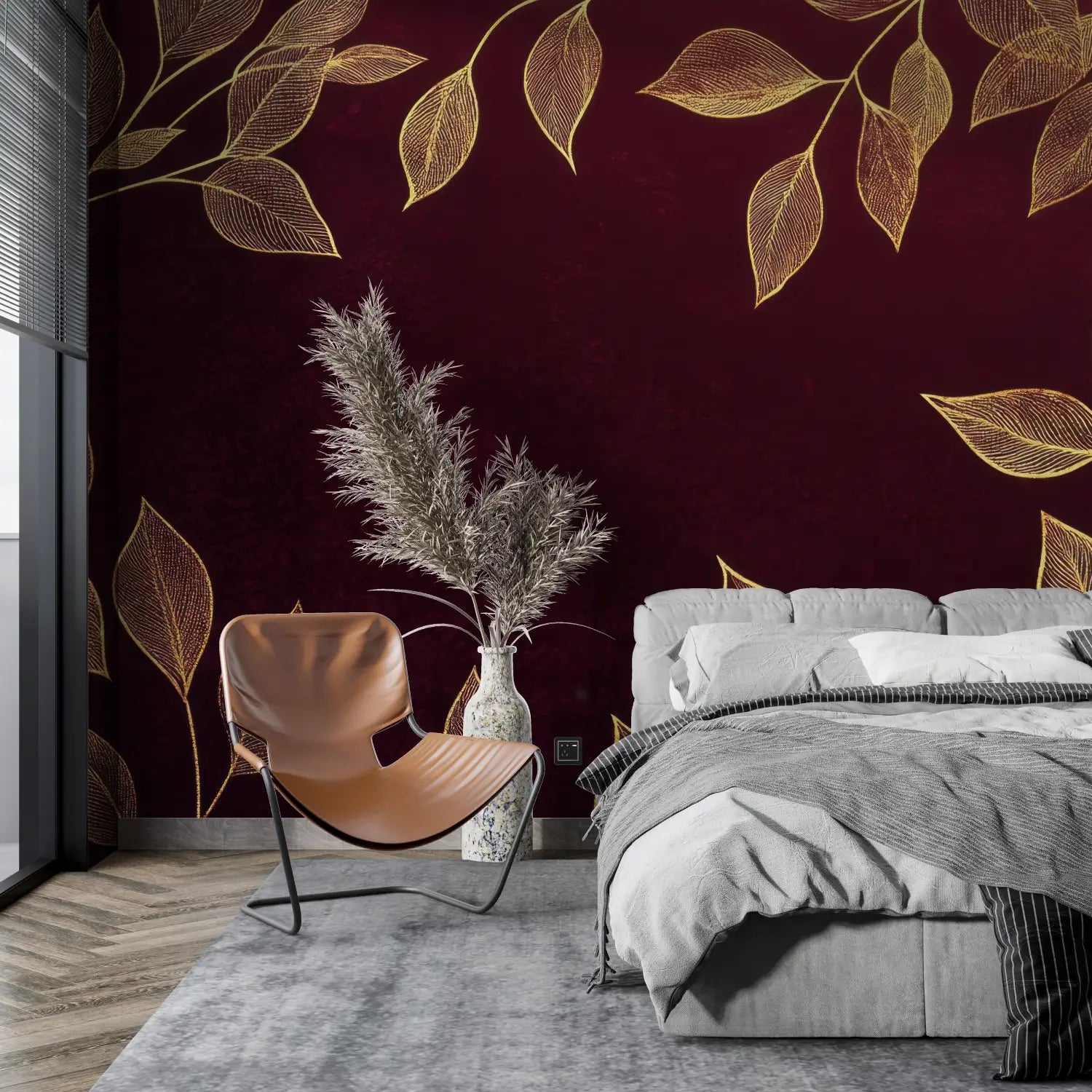 Papier Peint Feuillage - Feuilles Dorées sur Rouge Profond
