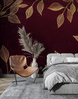 Foliage Wallpaper - Golden Leaves on Deep Red