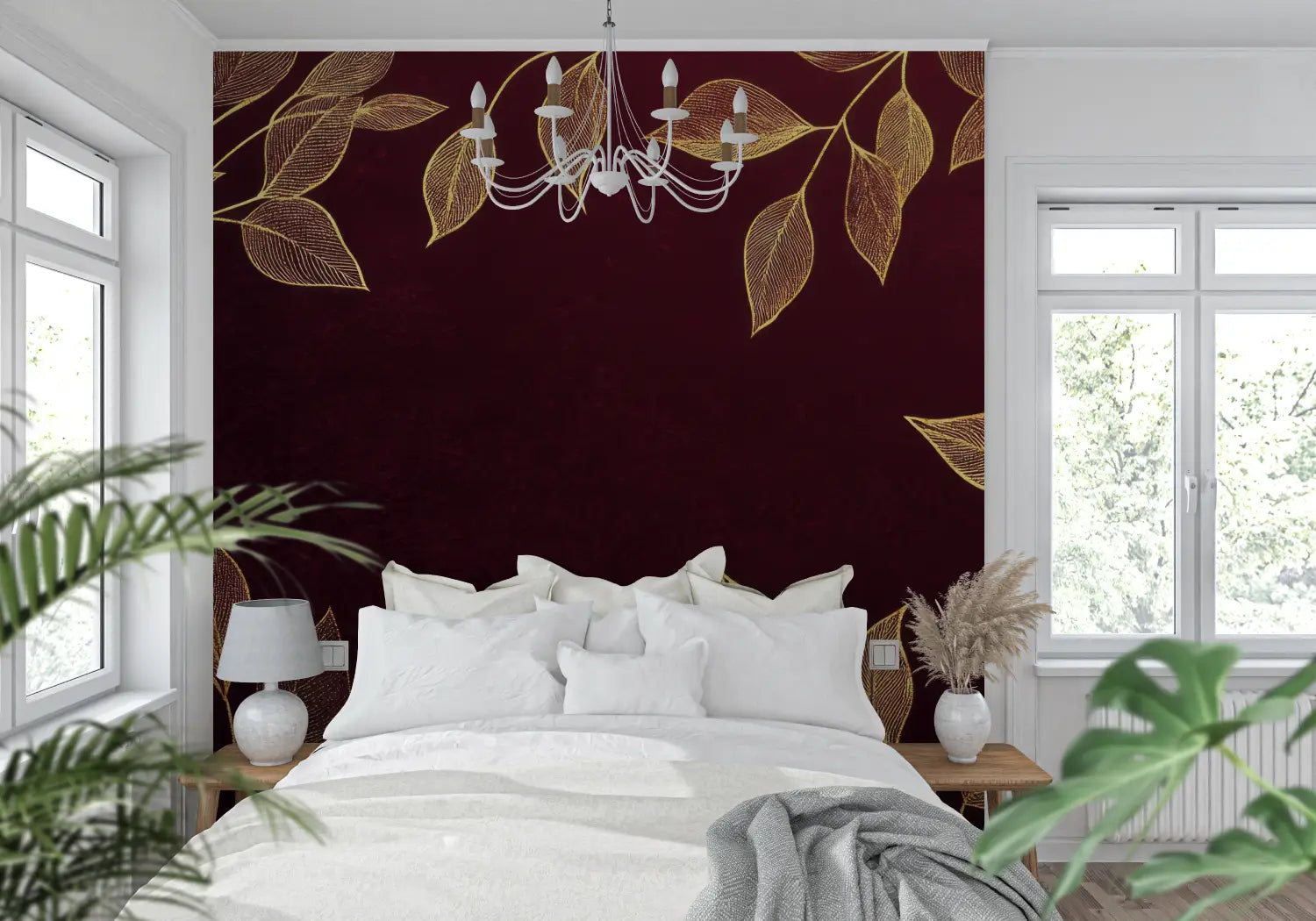Papier Peint Feuillage - Feuilles Dorées sur Rouge Profond
