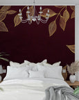 Foliage Wallpaper - Golden Leaves on Deep Red
