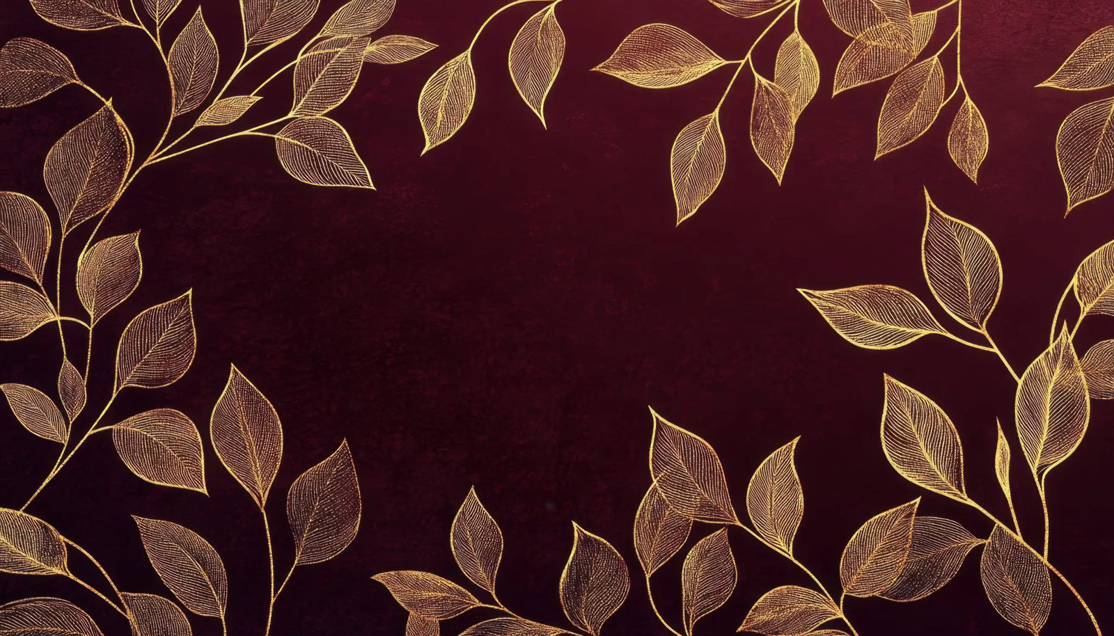 Papier Peint Feuillage - Feuilles Dorées sur Rouge Profond