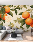 Papier Peint Floral - Oranges et Fleurs Blanches