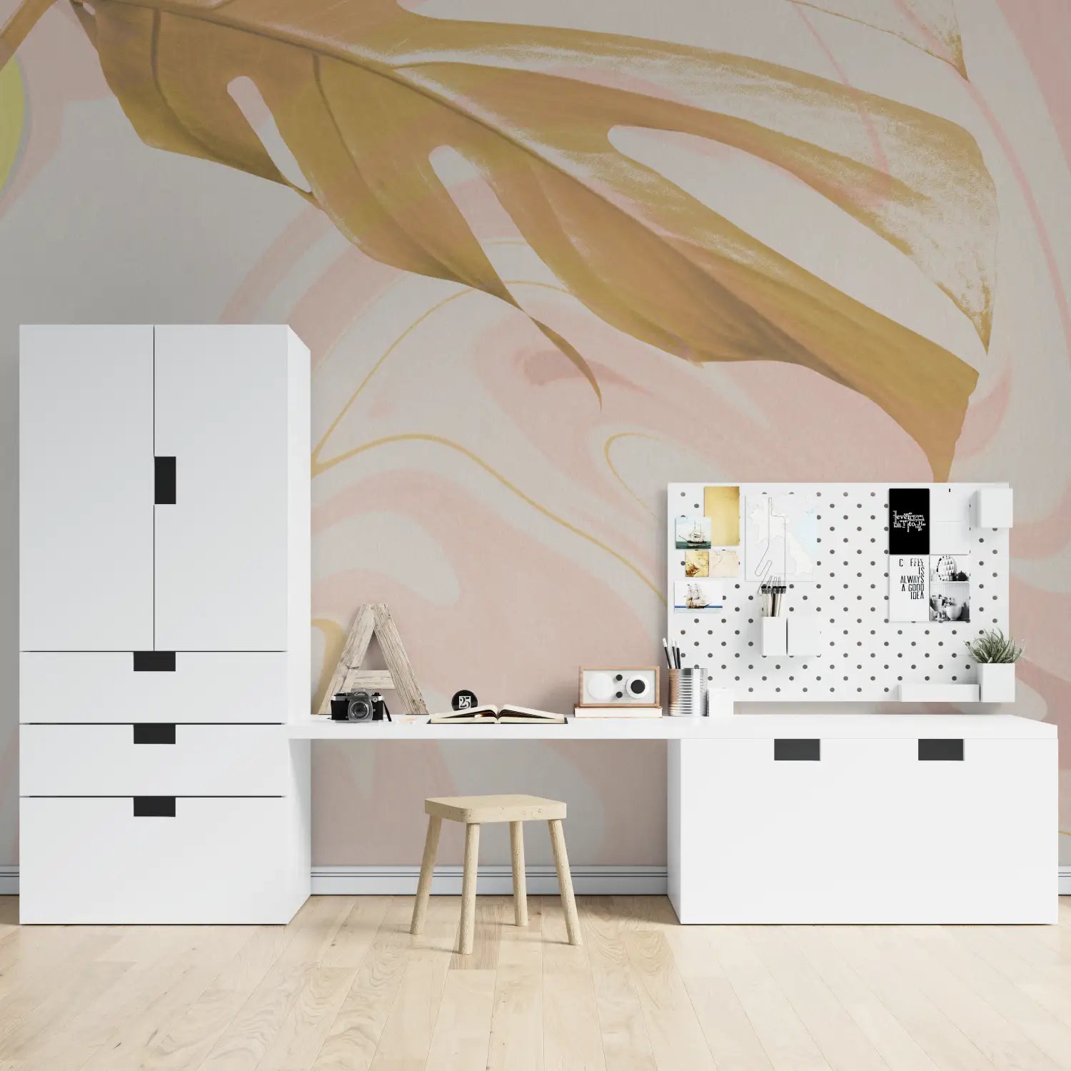 Foliage Wallpaper - Golden Leaf on Pink Background