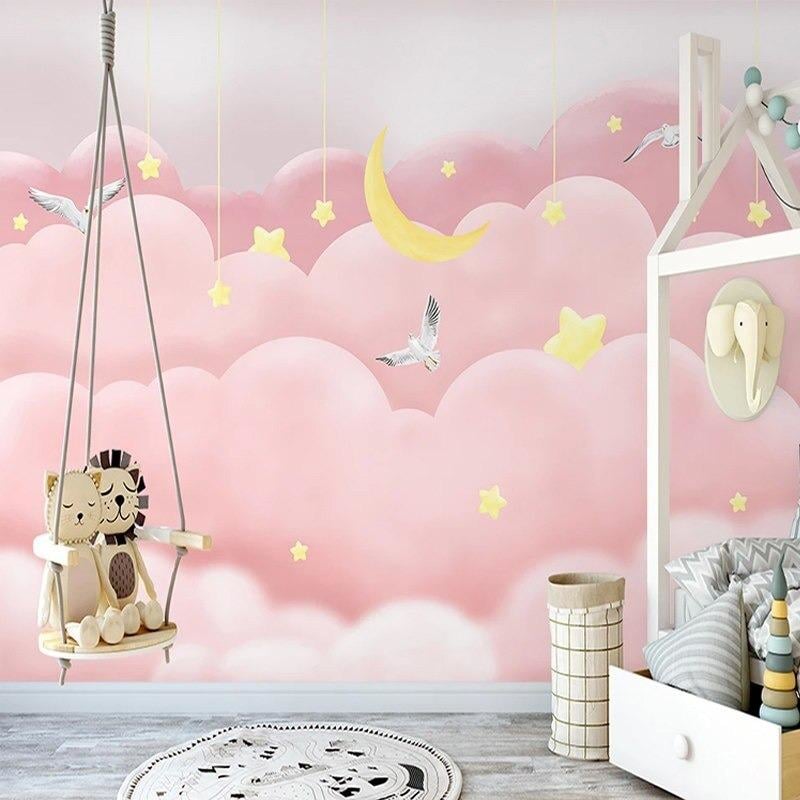 Children's Wallpaper - Pink Clouds and Hanging Stars