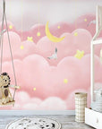Papier Peint Enfant - Nuages Roses et Étoiles Suspendues