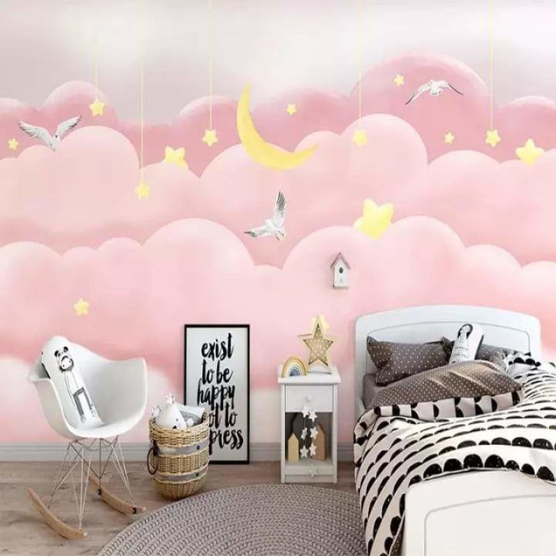 Children's Wallpaper - Pink Clouds and Hanging Stars