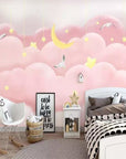 Papier Peint Enfant - Nuages Roses et Étoiles Suspendues