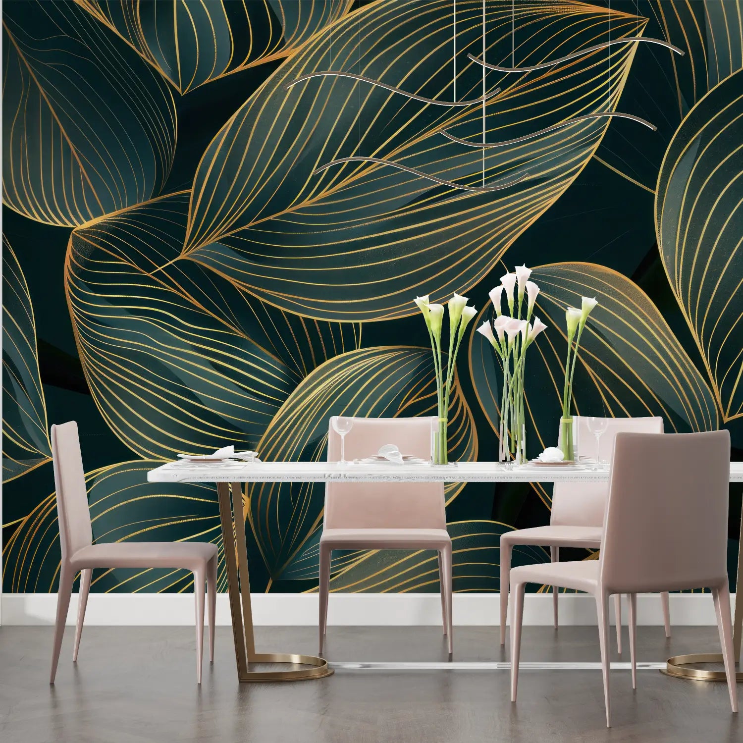 Papier Peint Feuillage – Nervures Dorées sur Vert