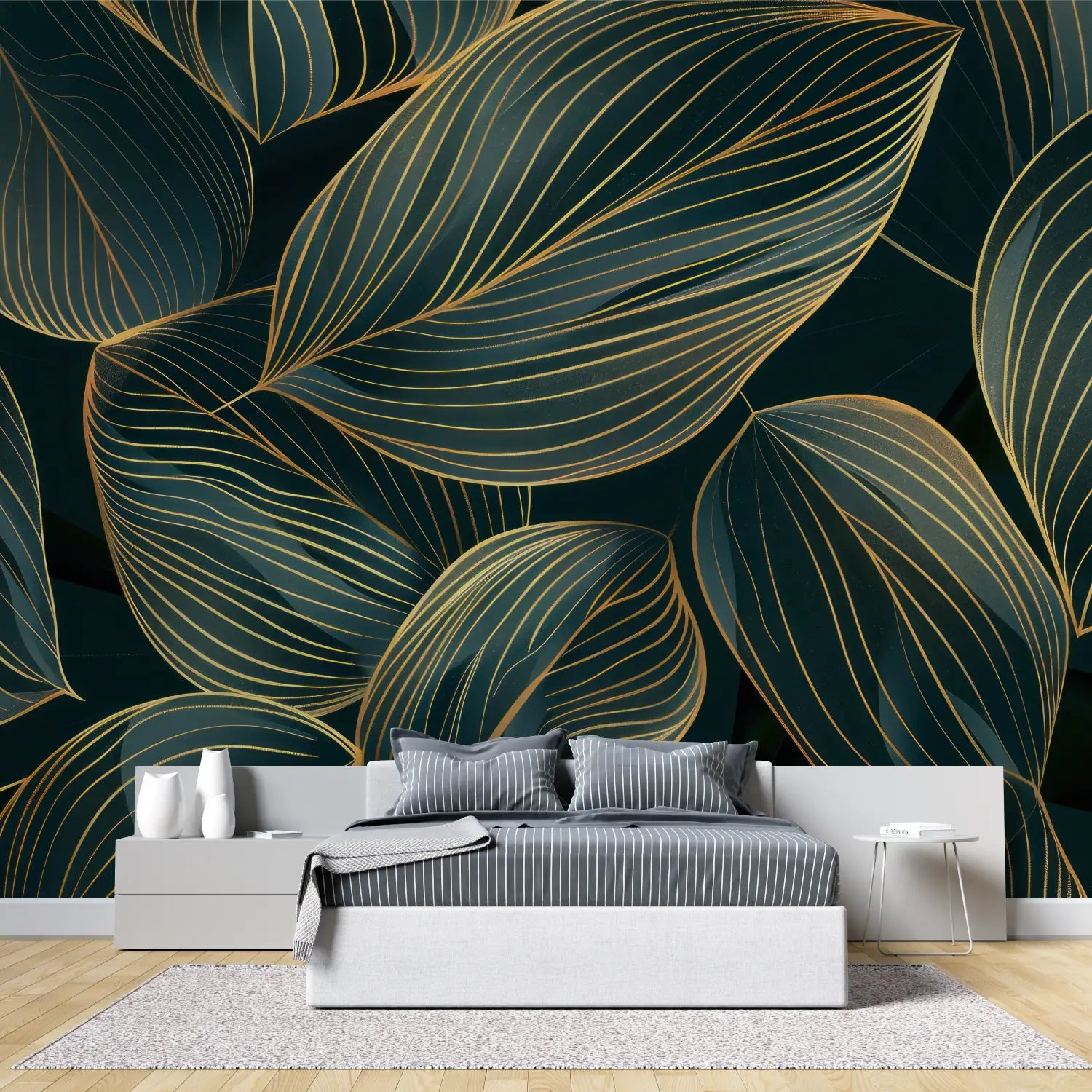 Papier Peint Feuillage – Nervures Dorées sur Vert