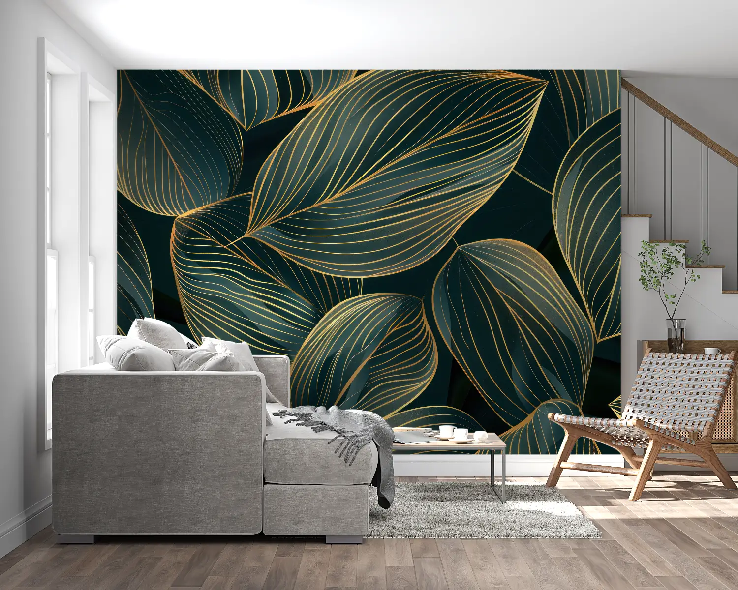 Papier Peint Feuillage – Nervures Dorées sur Vert