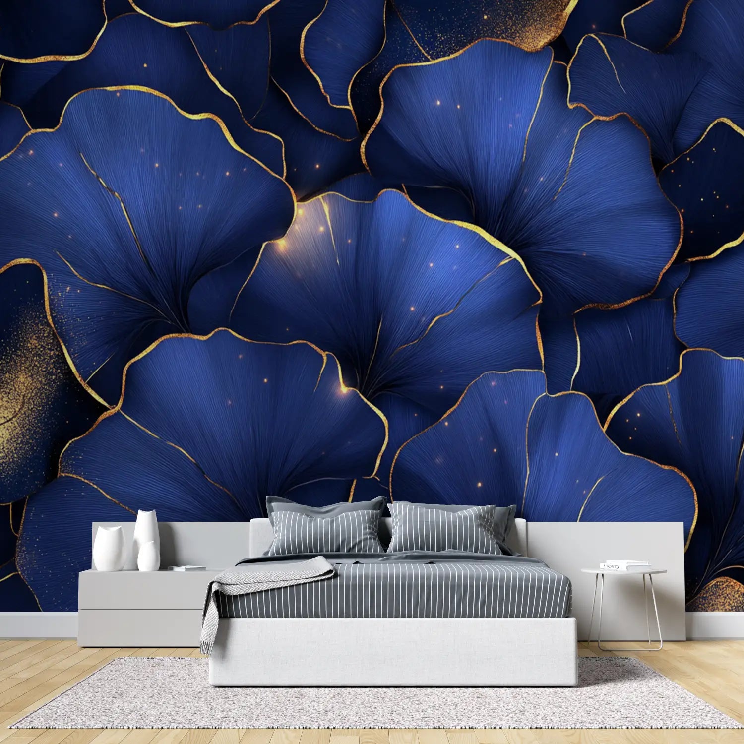 Papier Peint Feuillage – Grands Pétales Bleus et Or