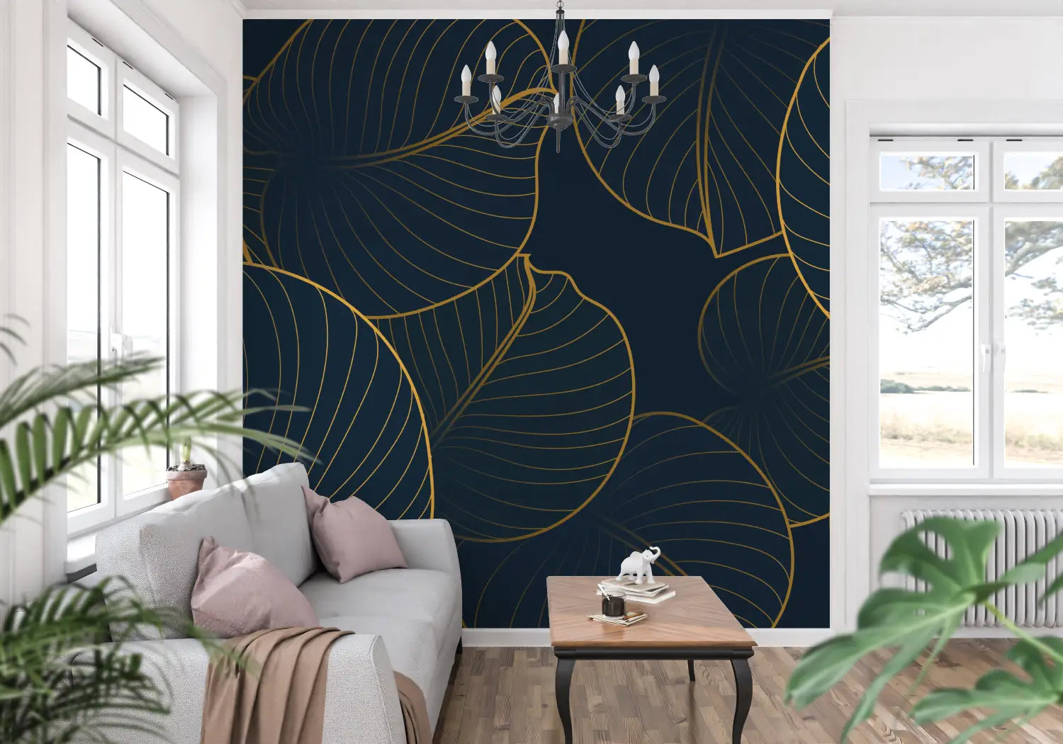 Papier Peint Feuillage - Feuilles Élégantes en Or