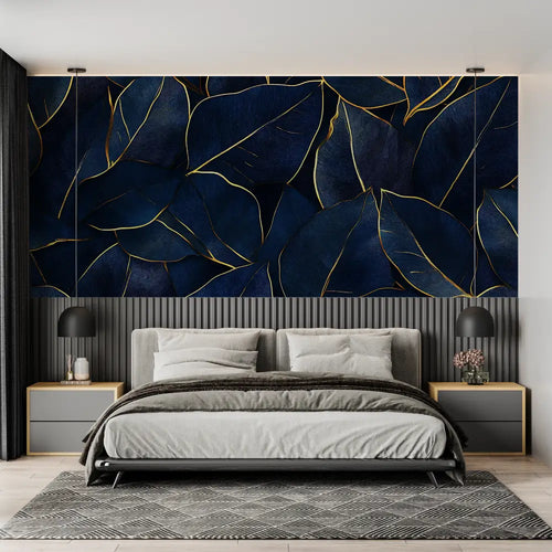 Papier Peint Feuillage – Feuilles Bleues aux Filets Dorés