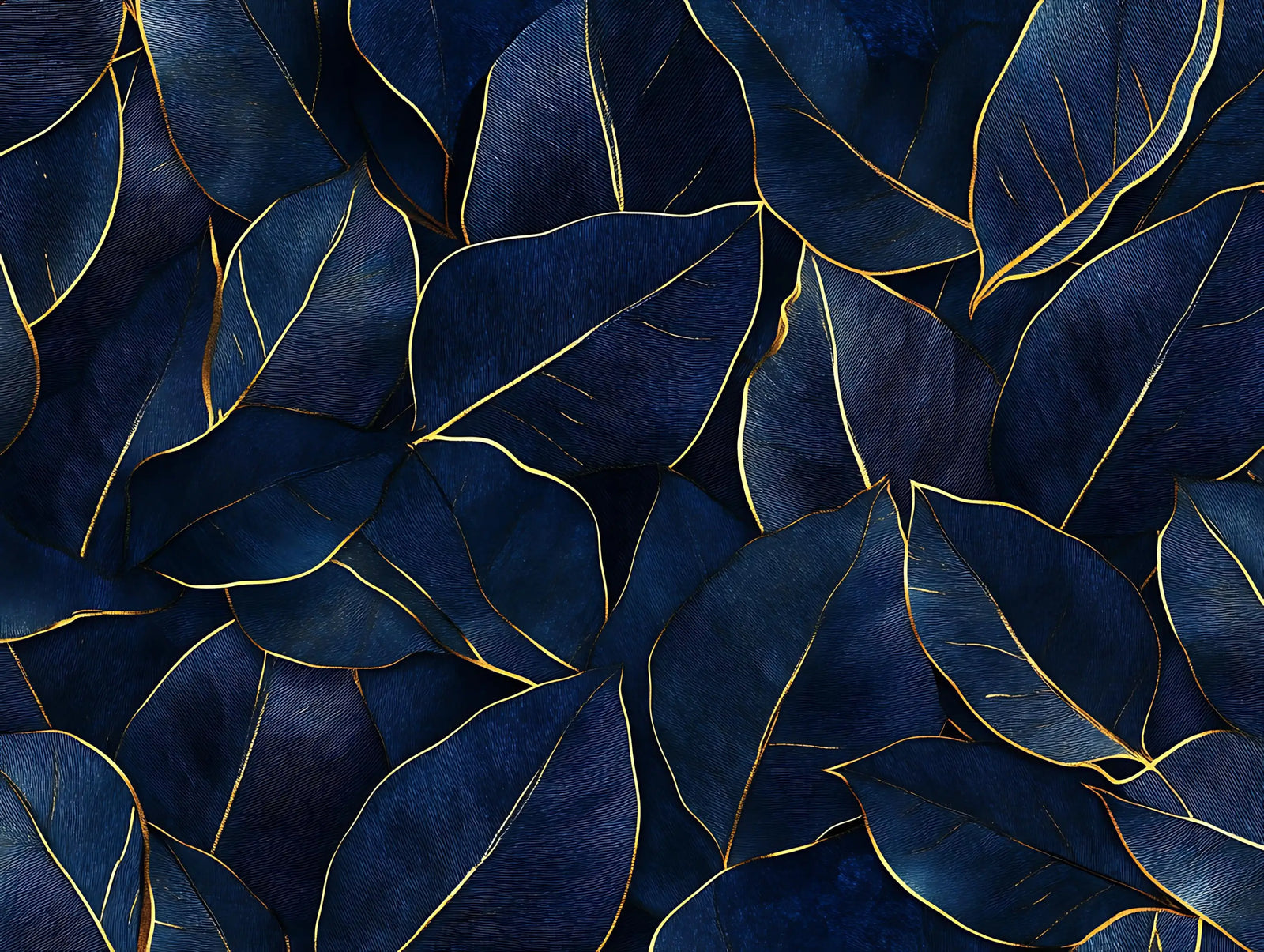 Foliage Wallpaper – Blue Leaves with Gold Threads