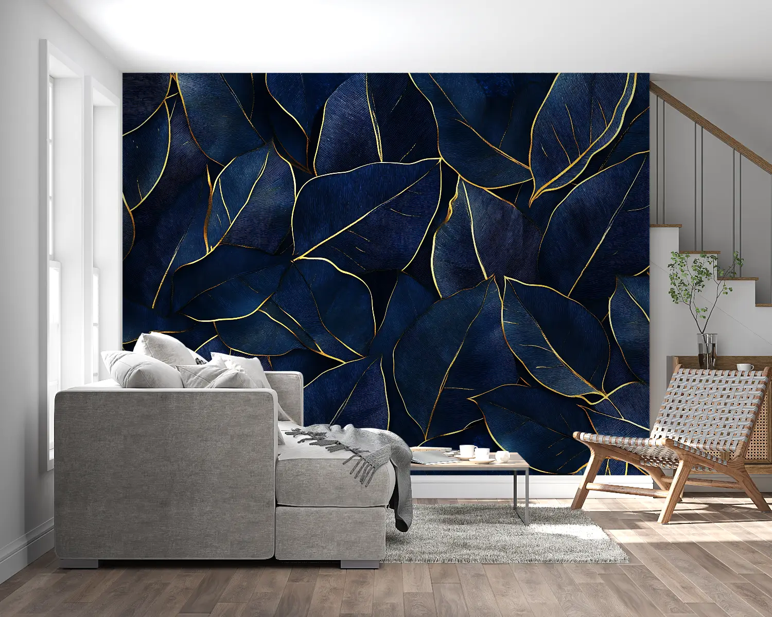 Foliage Wallpaper – Blue Leaves with Gold Threads