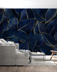 Foliage Wallpaper – Blue Leaves with Gold Threads